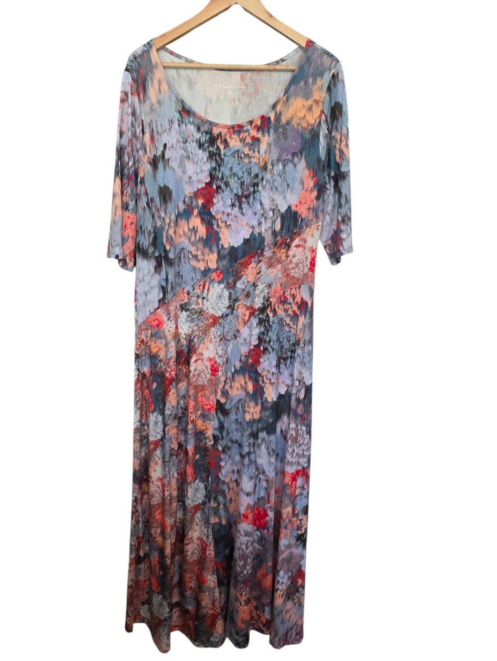 Soft Surroundings Nanette Floral Watercolor Print 3/4 Sleeve Maxi Dress Sz L EUC